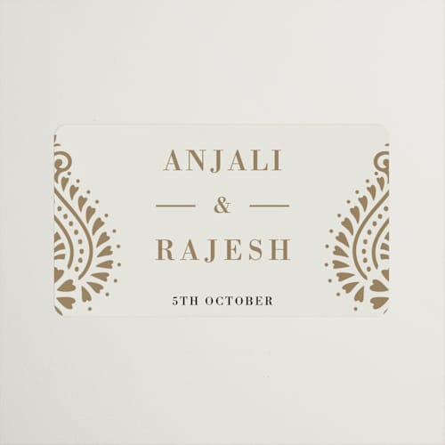 This is a champagne wedding favor labels with standard by Oma N. Ramkhelawan called henna stamp printing on uncoated sticker paper in sticker