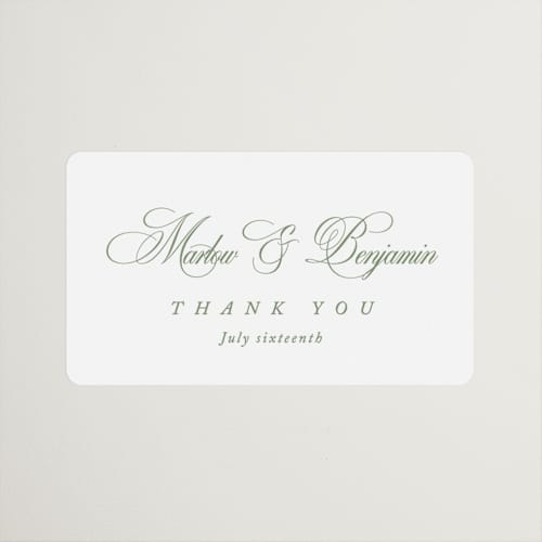 This is a garden wedding favor labels with standard by Kelly Schmidt called chic script printing on uncoated sticker paper in sticker