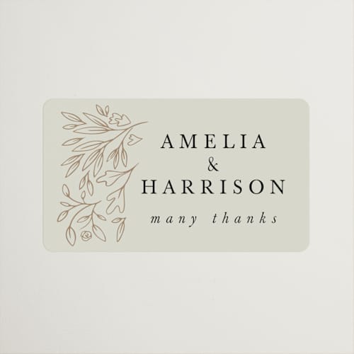 This is a taupe wedding favor labels with standard by Hannah Williams called foil botanical frame printing on uncoated sticker paper in sticker