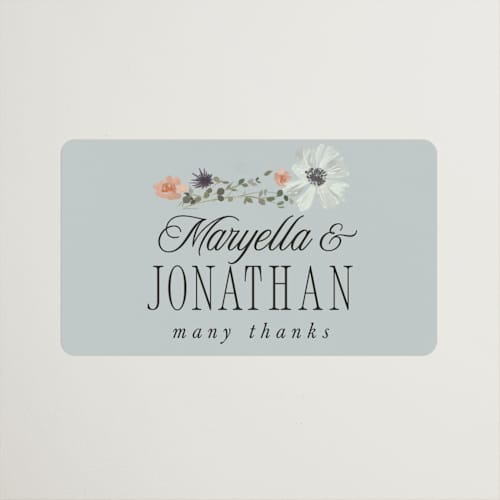 This is a mist wedding favor labels with standard by Hannah Williams called blue garden printing on uncoated sticker paper in sticker