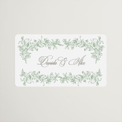 This is a mint wedding favor labels with standard by Melinda Denison called romantic garden printing on uncoated sticker paper in sticker