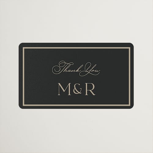 This is a charcoal wedding favor labels with standard by Lucrecia Caporale called timeless charm printing on uncoated sticker paper in sticker