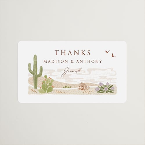 This is a red rock wedding favor labels with standard by Paper Sun Studio called westward printing on uncoated sticker paper in sticker