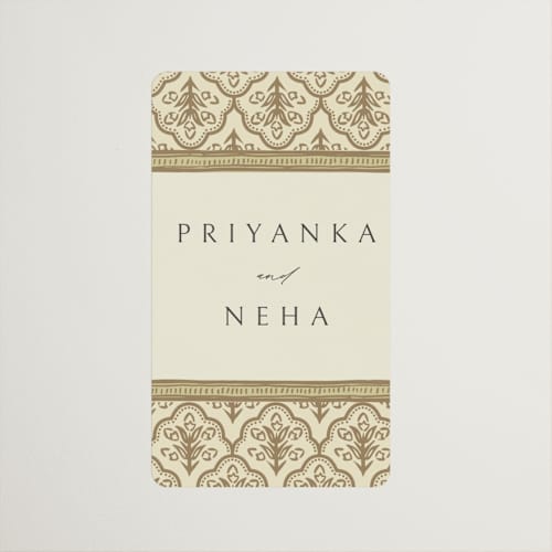This is a marigold wedding favor labels with standard by Pati Cascino called aatreya printing on uncoated sticker paper in sticker