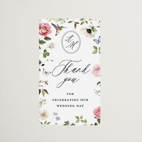 This is a peony wedding favor labels with standard by Sarah Knight called ornate printing on uncoated sticker paper in sticker