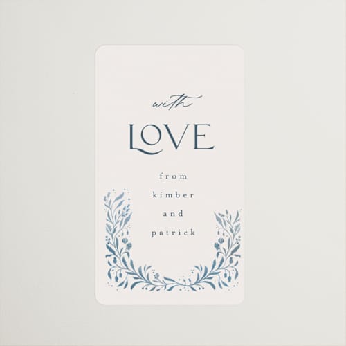 This is a delft blue wedding favor labels with standard by Ashley DeMeyere called porcelain printing on uncoated sticker paper in sticker