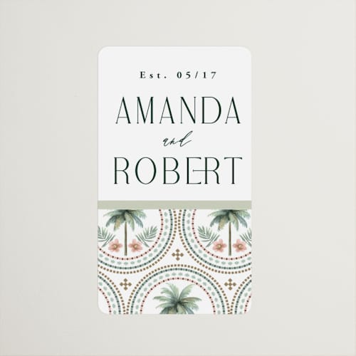 This is a sand wedding favor labels with standard by Maria Alou called vintage palms printing on uncoated sticker paper in sticker