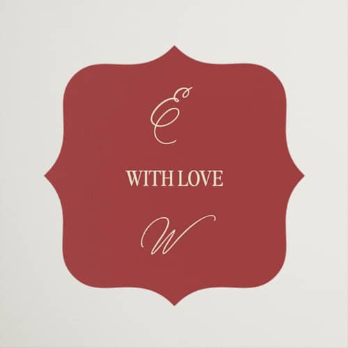 This is a burgundy wedding favor labels with standard by Helena Vitto called elizabeth printing on uncoated sticker paper in sticker
