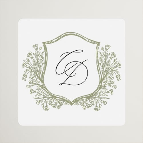 This is a olive custom stickers with standard by Erin Deegan called traditional monogram printing on uncoated sticker paper in sticker