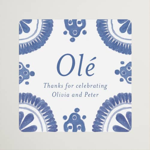 This is a azure wedding favor labels with standard by Lagniappe Paper called talavera printing on uncoated sticker paper in sticker