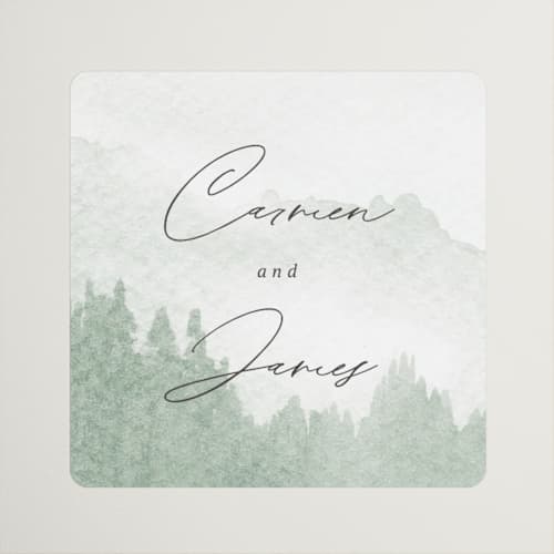 This is a fern wedding favor labels with standard by Helen Halik called over the mountains printing on uncoated sticker paper in sticker