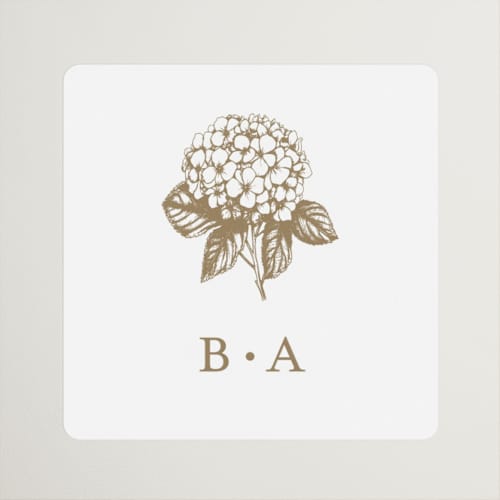 This is a cotton wedding favor labels with standard by Stacey Meacham called hydrangea bloom printing on uncoated sticker paper in sticker