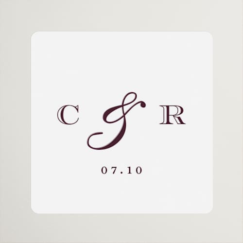 This is a burgundy wedding favor labels with standard by Stacey Meacham called engraved names printing on uncoated sticker paper in sticker