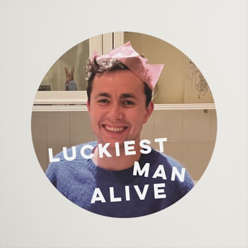 This is a pearl wedding favor labels with standard by Sara Hicks Malone called luckiest man printing on uncoated sticker paper in sticker