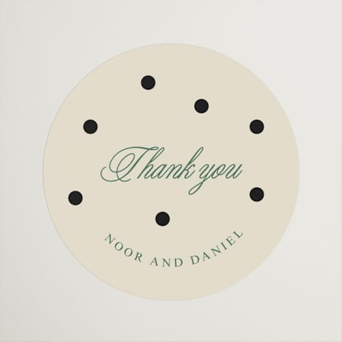 This is a off white wedding favor labels with standard by Studio Suku called polka dot printing on uncoated sticker paper in sticker