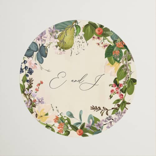 This is a champagne wedding favor labels with standard by Susan Moyal called fruits & floral printing on uncoated sticker paper in sticker