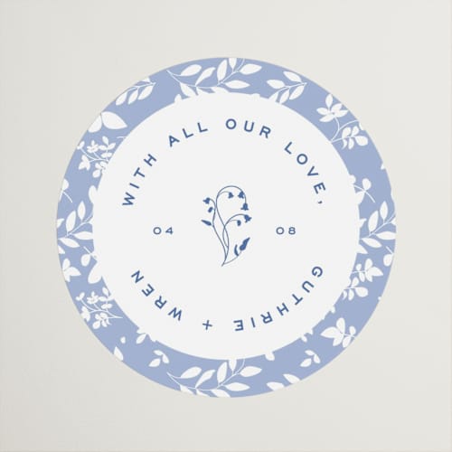 This is a bluebell wedding favor labels with standard by Bramble Studio called bluebell dinner printing on uncoated sticker paper in sticker