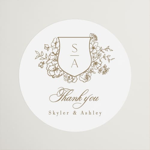 This is a champagne wedding favor labels with standard by Cass Loh called floral crest printing on uncoated sticker paper in sticker