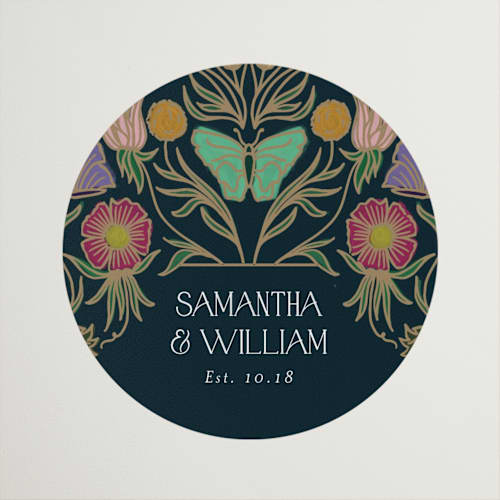This is a midnight garden wedding favor labels with standard by Simona Camp called gilded tapestry printing on uncoated sticker paper in sticker