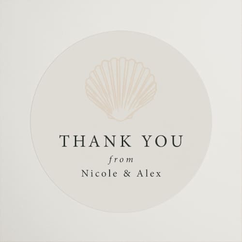 This is a sand wedding favor labels with standard by Hannah Bowman called simple seashell printing on uncoated sticker paper in sticker