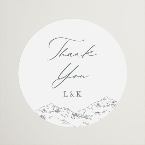 This is a pewter wedding favor labels with standard by Sarah Brown called mountainview printing on uncoated sticker paper in sticker