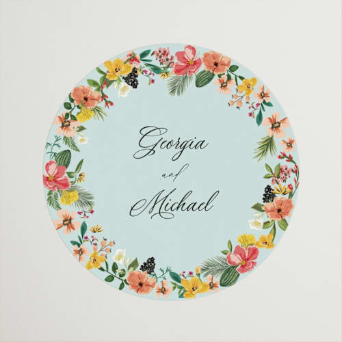 This is a papaya wedding favor labels with standard by Susan Moyal called tropical crest printing on uncoated sticker paper in sticker