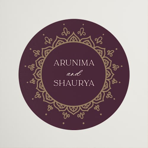 This is a plum wedding favor labels with standard by Randi Cirelli called arunima printing on uncoated sticker paper in sticker