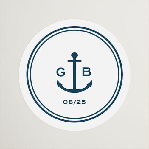 This is a royal navy wedding favor labels with standard by Olivia Raufman called anchored printing on uncoated sticker paper in sticker