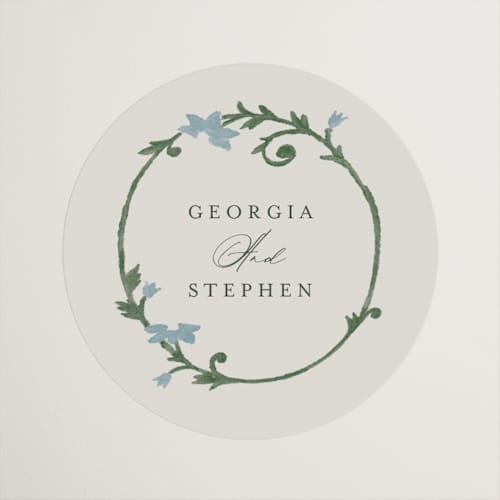 This is a bluebell wedding favor labels with standard by Jen Owens called grandeur printing on uncoated sticker paper in sticker