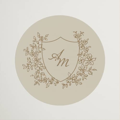 This is a ivory wedding favor labels with standard by Cass Loh called boho flower crest printing on uncoated sticker paper in sticker