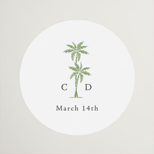 This is a leaf wedding favor labels with standard by Olivia Raufman called palm monogram printing on uncoated sticker paper in sticker