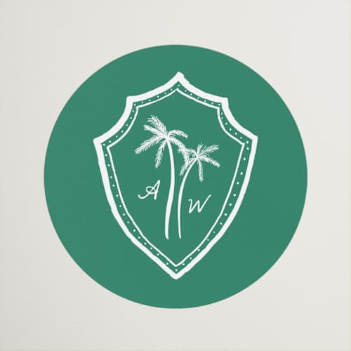 This is a palm wedding favor labels with standard by Erika Firm called palm tree crest printing on uncoated sticker paper in sticker