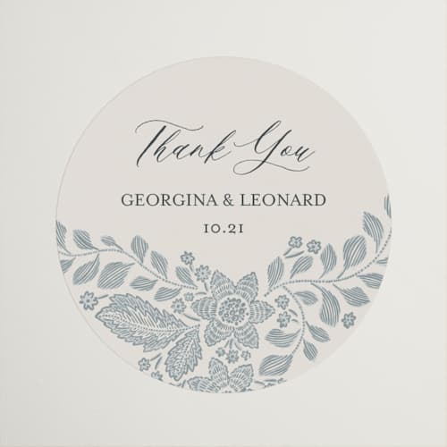 This is a dusty blue wedding favor labels with standard by Jen Owens called embroidered printing on uncoated sticker paper in sticker