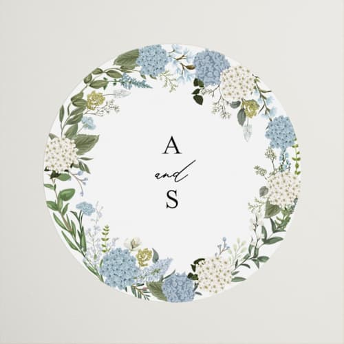 This is a coastal wedding favor labels with standard by Susan Moyal called hydrangea vine printing on uncoated sticker paper in sticker