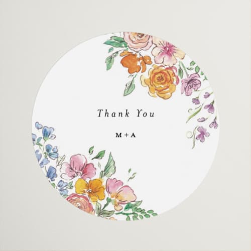 This is a tropical wedding favor labels with standard by Itsy Belle Studio called floral pop printing on uncoated sticker paper in sticker