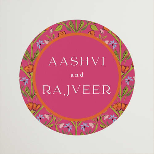 This is a fuchsia wedding favor labels with standard by Pati Cascino called varna printing on uncoated sticker paper in sticker