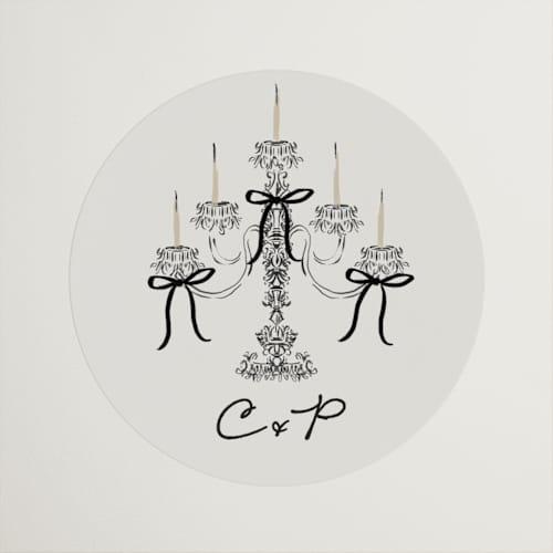 This is a noir wedding favor labels with standard by Jackie Crawford called hand illustrated whimsical chandelier printing on uncoated sticker paper in sticker
