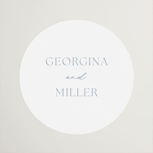 This is a dusty blue wedding favor labels with standard by Stacey Meacham called modern air printing on uncoated sticker paper in sticker