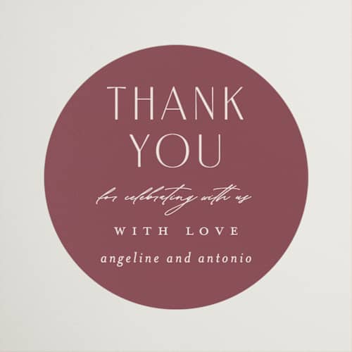 This is a mauve wedding favor labels with standard by Erica Krystek called chantilly printing on uncoated sticker paper in sticker