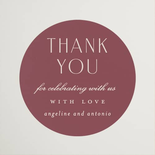 This is a mauve wedding favor labels with standard by Erica Krystek called chantilly printing on uncoated sticker paper in sticker