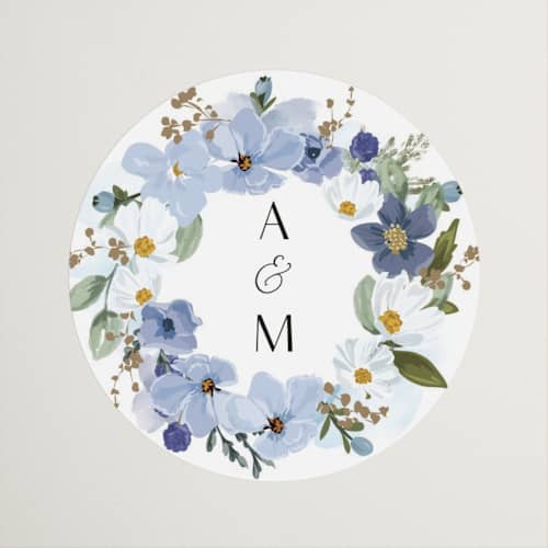 This is a serenity wedding favor labels with standard by Susan Moyal called layered florals printing on uncoated sticker paper in sticker