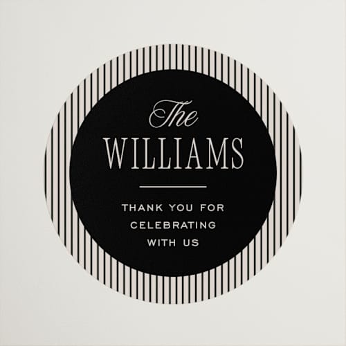 This is a noir wedding favor labels with standard by Pixel and Hank called linea printing on uncoated sticker paper in sticker