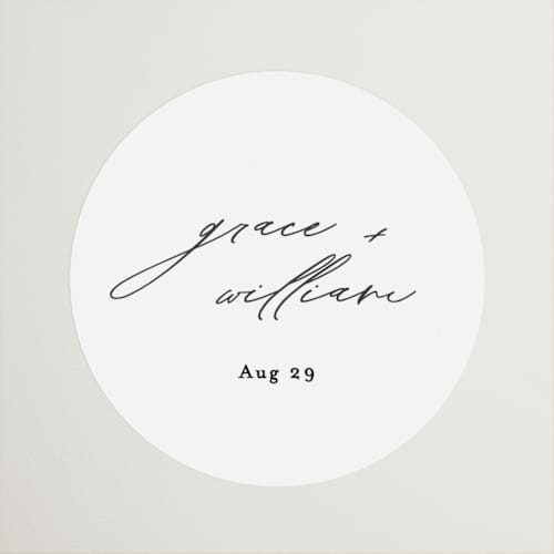 This is a cotton wedding favor labels with standard by Angela Thompson called delicate script printing on uncoated sticker paper in sticker