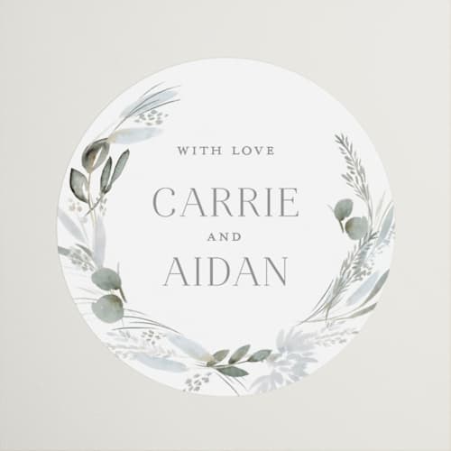 This is a sage wedding favor labels with standard by Petra Kern called amorino printing on uncoated sticker paper in sticker