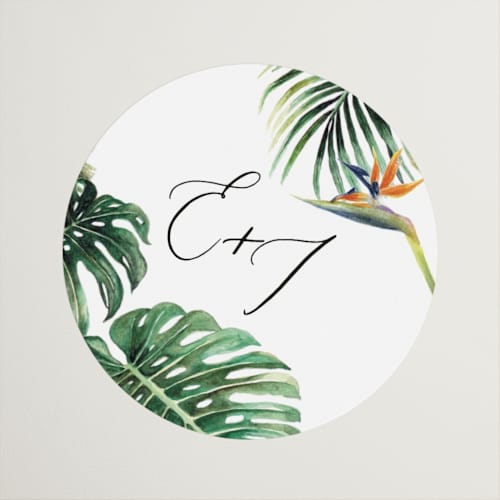 This is a tropical wedding favor labels with standard by Elly called our paradise printing on uncoated sticker paper in sticker