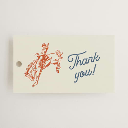 This is a cobalt gift tags with standard by Erin Hodges called giddy up printing on signature in tag