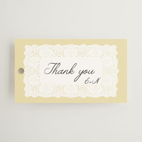 This is a butter gift tags with standard by Studio Suku called lace printing on signature in tag