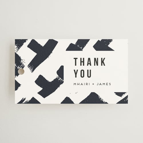 This is a navy wedding favor tags with standard by Everett Paper Goods called crossed brushstrokes printing on signature in tag