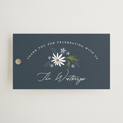 This is a periwinkle wedding favor tags with standard by Erin German called sadie printing on signature in tag