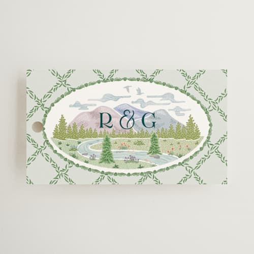 This is a pine wedding favor tags with standard by Paper Sun Studio called river valley printing on signature in tag